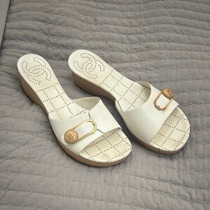 Vintage CHANEL White Platform Sandals with Gold Detail